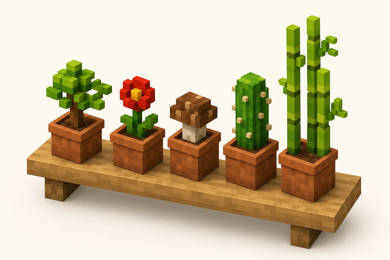 Kolekcja doniczek z różnymi roślinami w Minecraft — ilustracja poglądowa