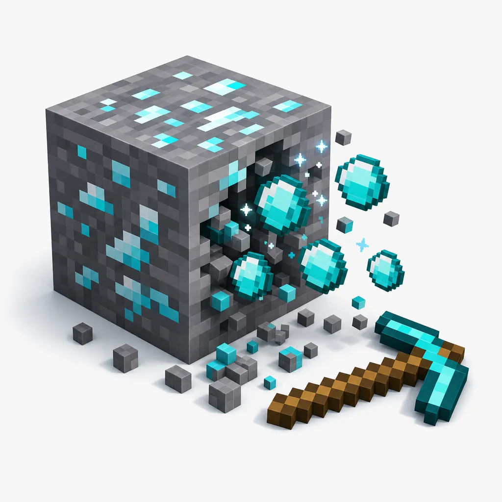 Blok rudy diamentu i wydobyte diamenty ze Szczęściem III w Minecraft — ilustracja poglądowa