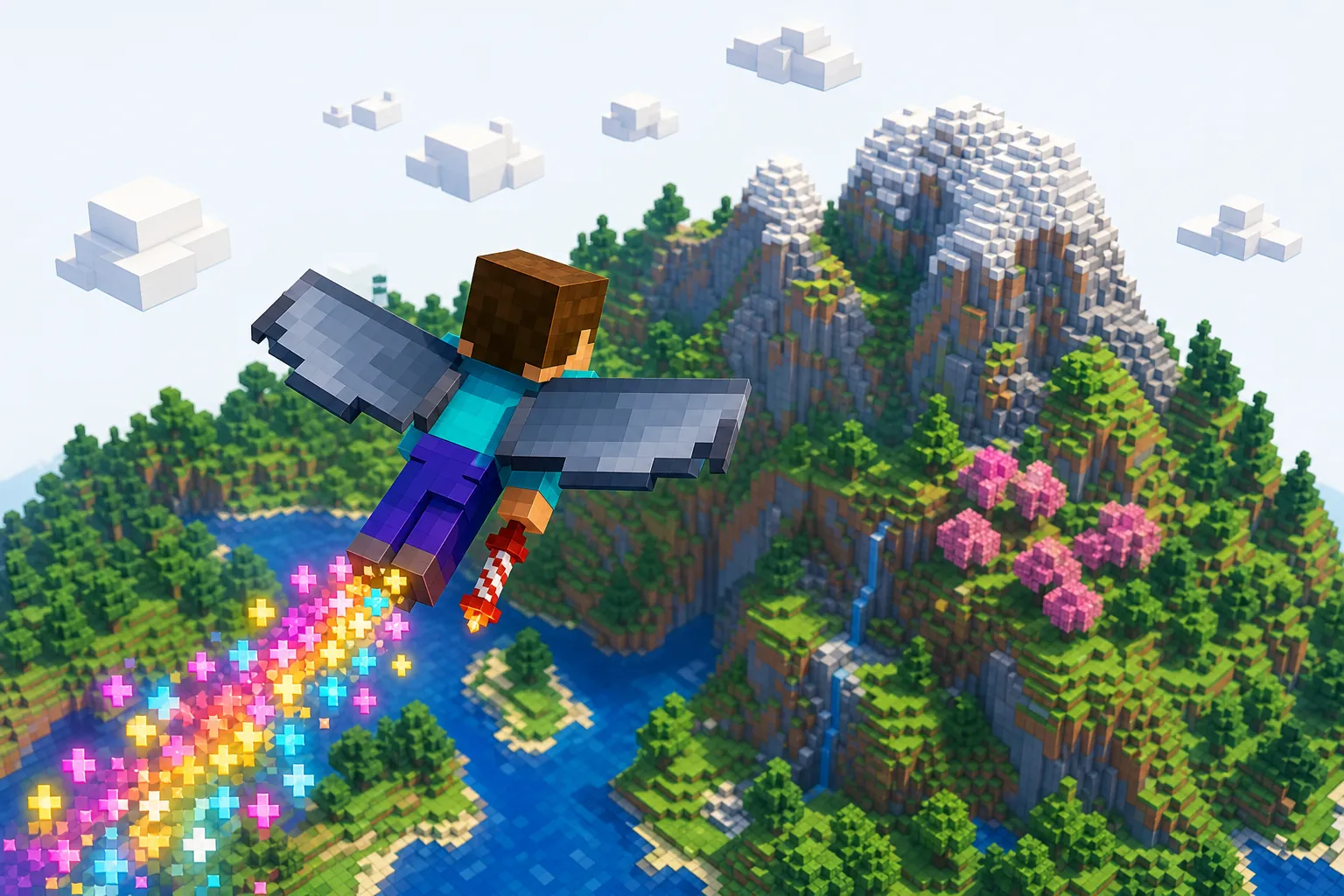 Lot elytrą z napędem rakietowym w Minecraft — boost rakietą nad krajobrazem, ilustracja poglądowa