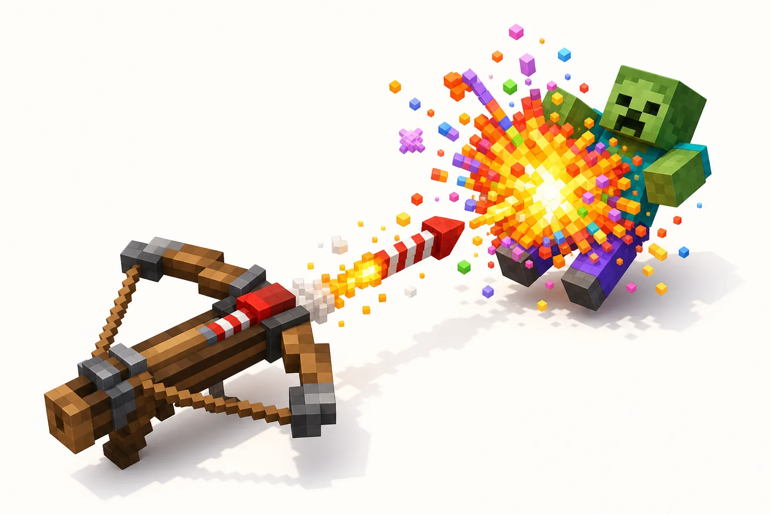 Strzelanie fajerwerkami z kuszy w Minecraft — ilustracja poglądowa wybuchu przy trafieniu