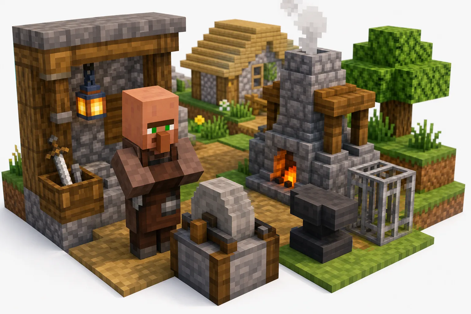 Wieśniak zbrojmistrz przy kamieniu szlifierskim w Minecraft — ilustracja poglądowa