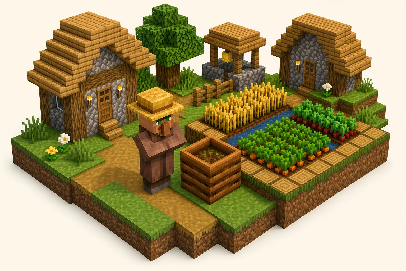 Wieśniak rolnik przy kompostowniku w wiosce Minecraft — ilustracja poglądowa