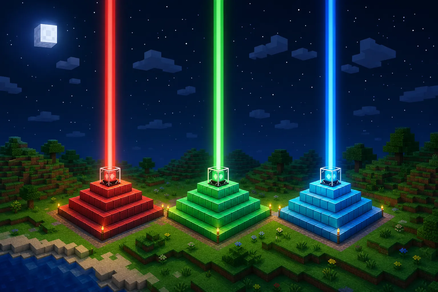 Kolorowe promienie latarni w Minecraft uzyskane przez barwione szkło — ilustracja poglądowa