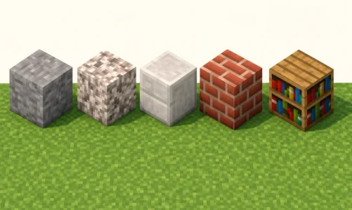Materiały budowlane w Minecraft — andezyt, dioryt, gładki kamień, cegła i biblioteczka