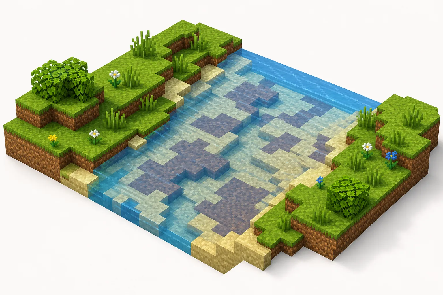 Złoża gliny na dnie rzeki w Minecraft — ilustracja poglądowa