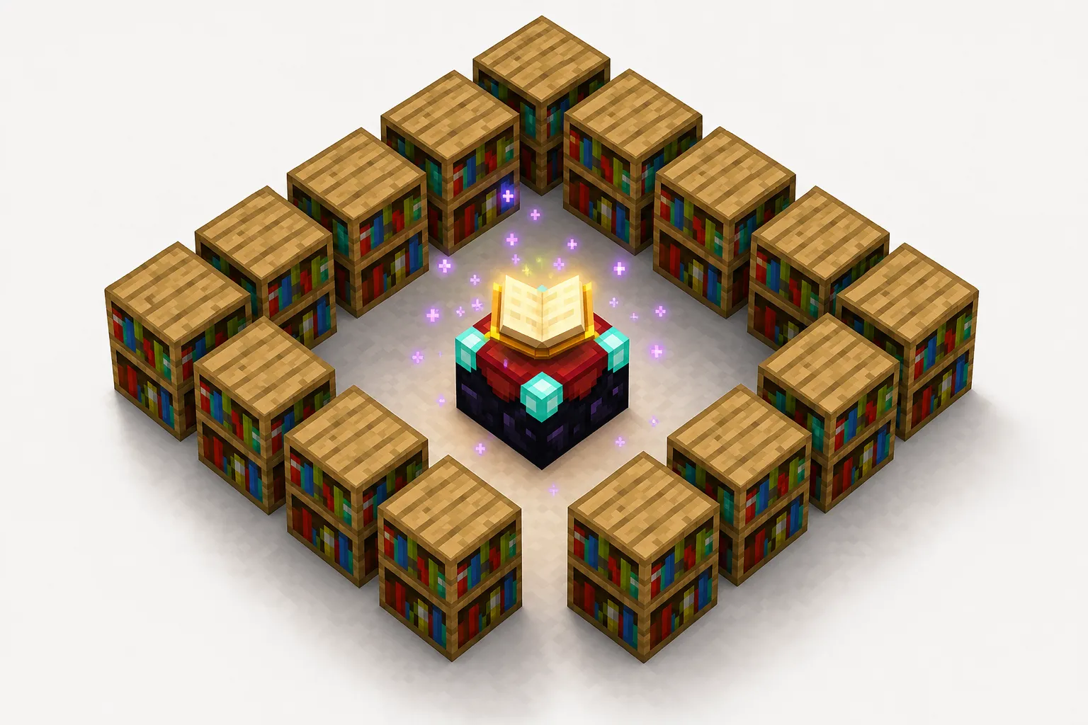 Stół do zaklinania otoczony 15 biblioteczkami w Minecraft — ilustracja poglądowa