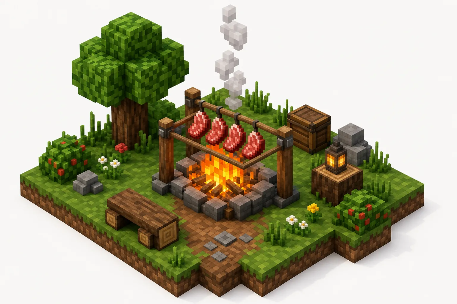 Gotowanie jedzenia na ognisku w Minecraft — ilustracja poglądowa