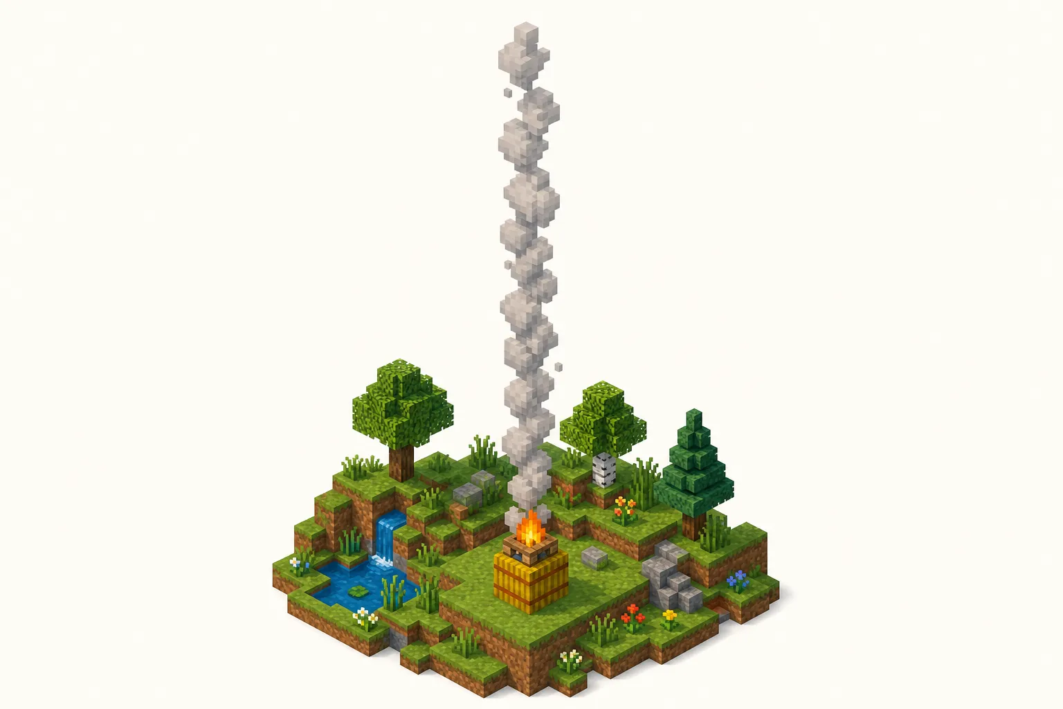 Słup dymu z ogniska w Minecraft nad belą siana — ilustracja poglądowa