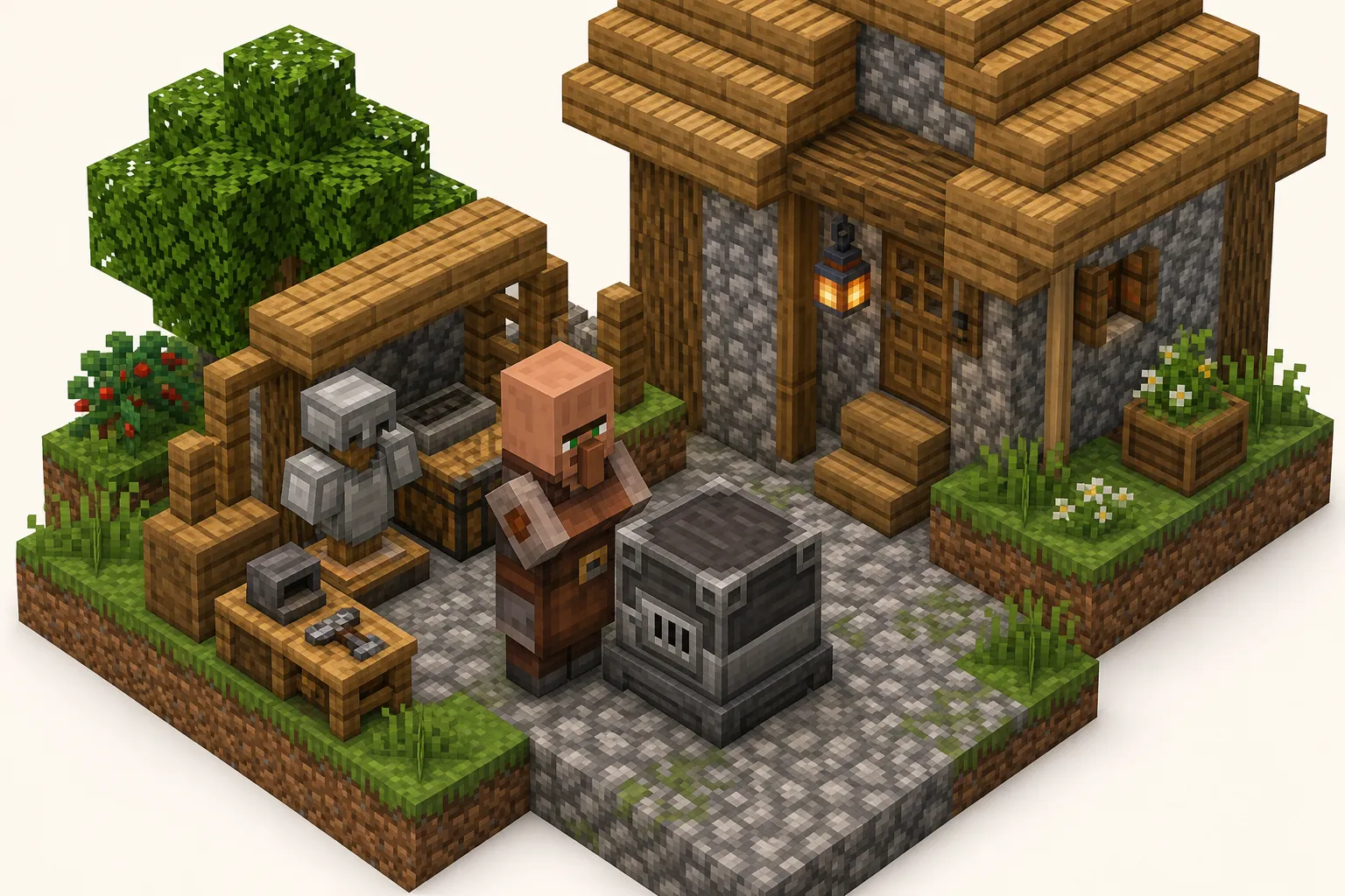 Wieśniak płatnerz przy piecu hutniczym w Minecraft — ilustracja poglądowa