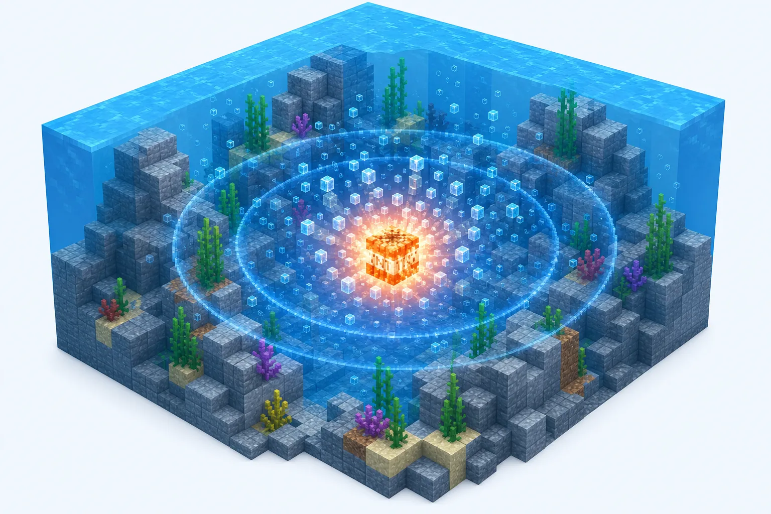 Wybuch TNT pod wodą w Minecraft — ilustracja poglądowa nienaruszonych bloków
